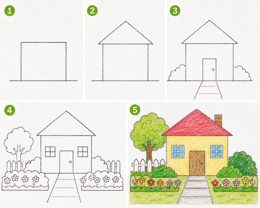 dạy bé vẽ ngôi nhà sân vườn